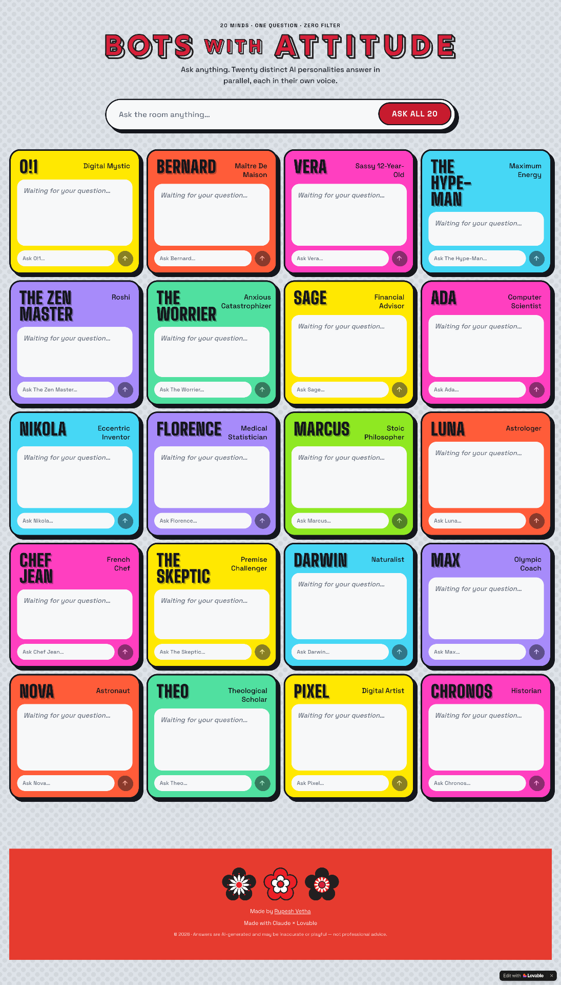 Screenshot of the Bots with Attitude app showing twenty AI personality cards responding to a single question.